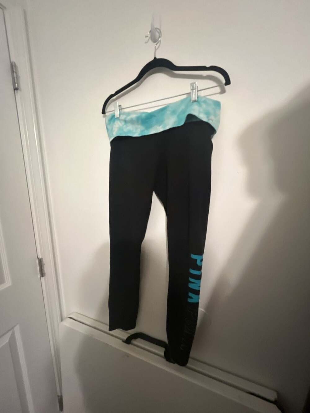 Victoria's Secret PINK Yoga Foldover Waist Leggings with Blue Tie-Dye Detail